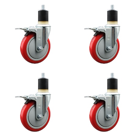 Service Caster 5'' Red Poly Swivel 1-7/8'' Expanding Stem Caster Set Total Lock Brake, 4PK SCC-EXTTL20S514-PPUB-RED-178-4